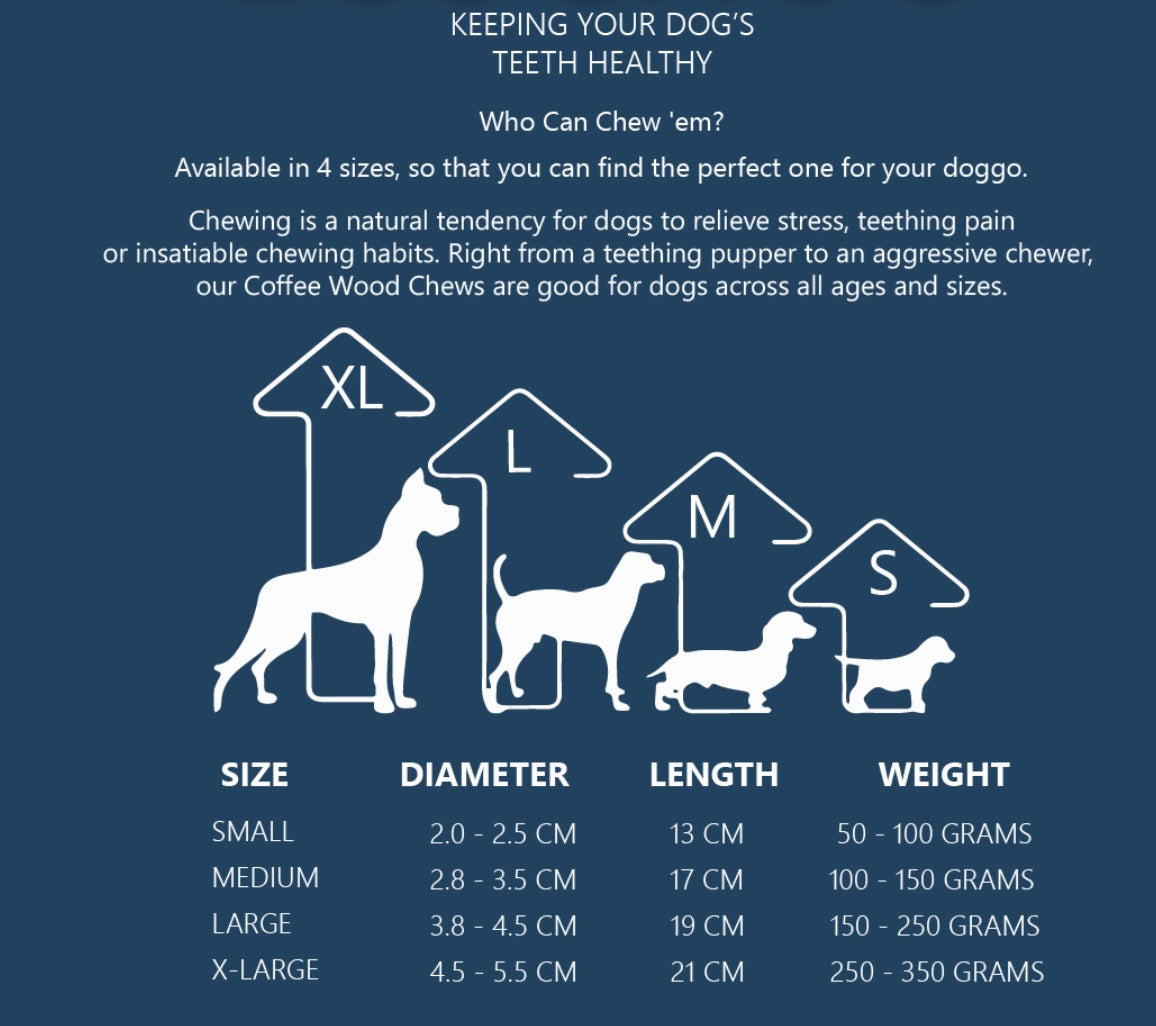 Who Can Chew ’Em? Dog Size Chart | Natural Coffee &amp; Cinnamon Wood Chews + Coconut Husk Rope Toys